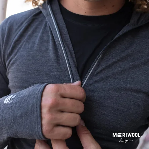 Vista 7 de MERIWOOL Sudadera con capucha para hombre, ligera, de lana merina, manga larga, térmica