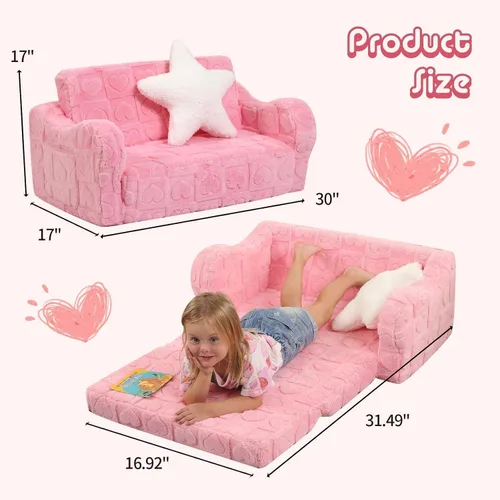 Vista 3 de MOMCAYWEX Sofá para bebé, 2 en 1, sofá suave para niños plegable con almohada de estrellas, sofá plegable para convertir en sofá cama, extra ancho