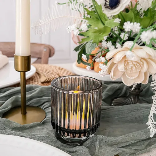 Vista 4 de Kate Aspen Juego de Portavelas de Vidrio Acanalado - 6 Portavelas Gris Humo para Velas de Té para Decoración del Hogar, Cocina, Habitación o Sala