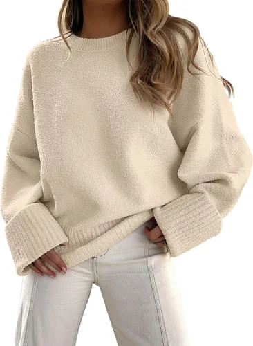 Vista 113 de LOGENE Suéter de gran tamaño para mujer, cuello redondo, manga larga, suave, mullido, suéter de punto 2025 para otoño e invierno