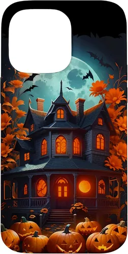 Vista 21 de iPhone 16 Halloween Spooky Haunted House Bats & Carved Pumpkins Case