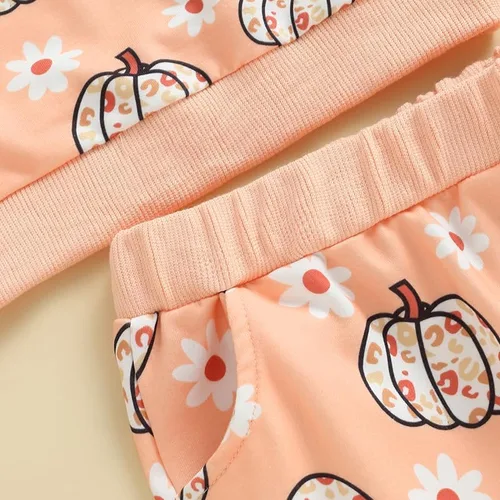 Vista 5 de Conjunto de sudadera de calabaza floral de manga larga para bebé niña, conjunto de pantalones de Halloween, ropa de otoño