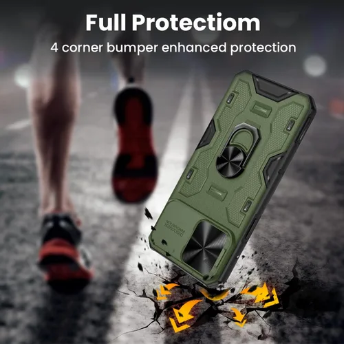 Vista 6 de VEGO Funda con soporte para iPhone 13 Pro Max / 12 Pro Max de 6.7 pulgadas con cubierta deslizante para lente, soporte de anillo giratorio de 360