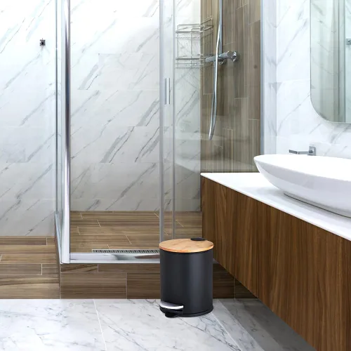 Vista 7 de SIDIANBAN Bote de basura pequeño para baño con tapa de bambú, 1.3 galones/5 litros, negro, hierro