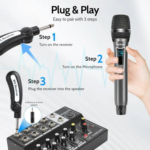 Vista 4 de Micrófono inalámbrico de karaoke, sistema de micrófono de mano sin demoras con receptor recargable, adecuado para cantar, enseñar, iglesia, bodas