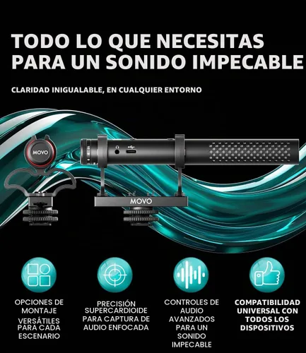 Vista 2 de Movo X1 Supercardioid Shotgun Microphone - Micrófono de cámara de 3.5mm/XLR/USB-C para DSLR, smartphones y computadoras - Micrófono de boom