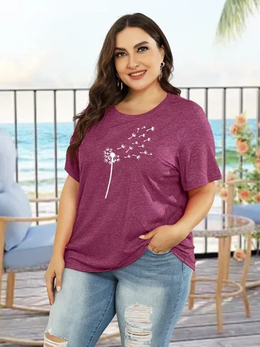 Vista 3 de Camiseta de verano para mujer, talla grande, con diente de león, manga corta, cuello redondo, holgada, casual
