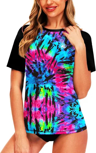 Vista 3 de AOBUTE Women Short Sleeve Rash Guard Gradient Sun Protection Swim Shirts