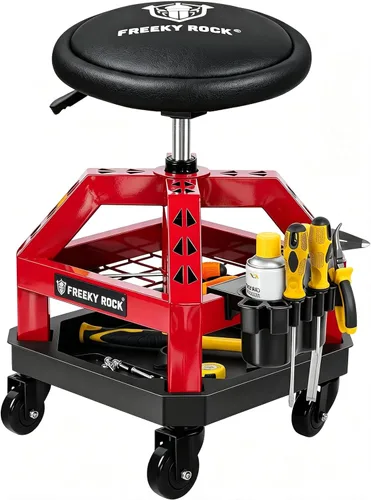 Vista 10 de Taburete de taller rodante con ruedas, taburete de trabajo de garaje resistente para mecánicos, altura ajustable de 22.44"-28.94", silla giratoria