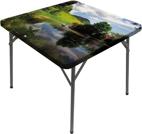 Vista 14 de Mantel cuadrado para mesa de paisaje, majestuosa escena matutina brumosa Triglav National Elástico, se adapta a mesas de 24 x 24 pulgadas