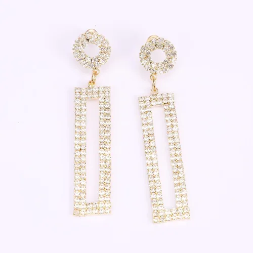 Vista 3 de Pendientes largos de diamantes de imitación, rectángulo con tachuelas circulares, joyería de moda