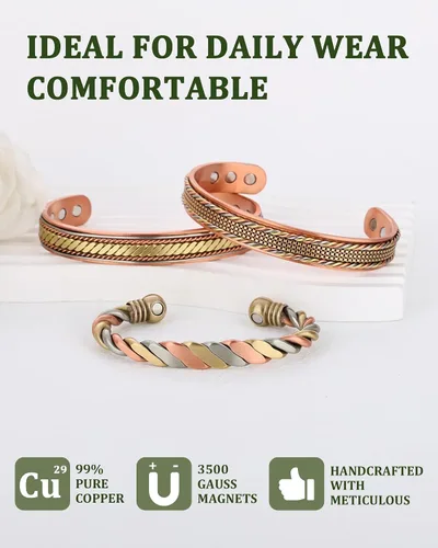 Vista 2 de MagEnergy Pulseras de cobre para mujeres y hombres, juego de 3 piezas, terapia magnética, pulsera hecha a mano 100% cobre, caja de regalo de joyería