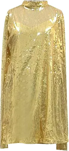Vista 5 de Vestido de lentejuelas de manga capa con mangas para mujer, cuello redondo, vestido corto ajustado con abertura para cóctel, club nocturno, vestidos