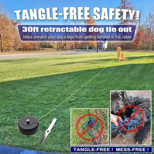 Vista 10 de Cable y estaca de amarre para perros de 30 pies, anclaje de acero en espiral pesado de 360° sin enredos y correa retráctil para perros pequeños a