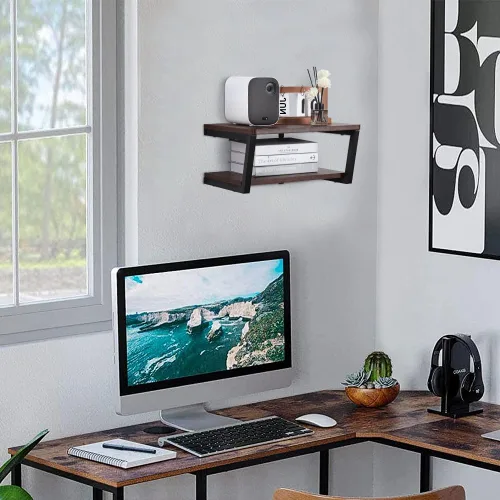 Vista 8 de LUCKUP Estantes flotantes de pared para proyector de pared, soporte de madera AV con 2 estantes, centro de entretenimiento con marco de acero