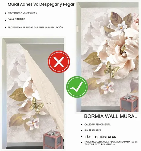 Vista 5 de Bormia Papel pintado floral 3D Peony Butterfly Mural de pared para sala de estar dormitorio (no despegar ni pegar)