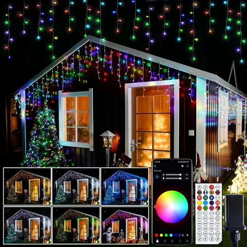 Vista 9 de JMEXSUSS 400 luces LED de Navidad de carámbano de 38.8 pies con control remoto, tira de luces multicolor para exteriores enchufables, 8 modos