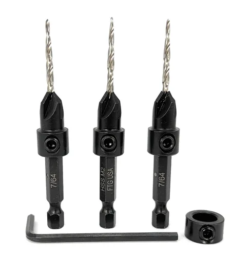 Vista 7 de FTG USA Juego de 3 brocas avellanadoras ajustables para madera #4 (7/64 pulgadas) con broca cónica para carpintería