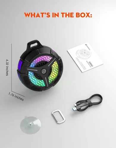 Vista 11 de Altavoz de ducha Bluetooth impermeable, ventosa, pequeños altavoces inalámbricos portátiles IPX7 impermeables para exteriores, sonido estéreo Negro