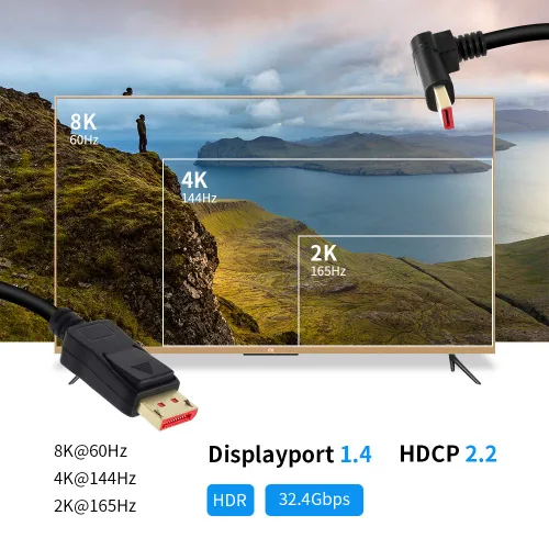 Vista 2 de 8K/60Hz, 4K/144Hz Displayport en ángulo recto 1.4 macho a cable macho 90 grados DP 1,4 macho a macho