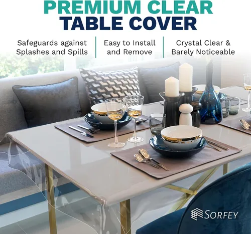 Vista 3 de Mantel de plástico – Protector de mantel de plástico transparente, 54 x 54 pulgadas, mantel de PVC de vinilo grueso de alta calidad con borde, 100%