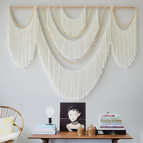 Vista 17 de macramé para colgar en la pared, teñido de inmersión, puesta de sol, decoración de pared, arte de fibra de 57 pulgadas de ancho x 35