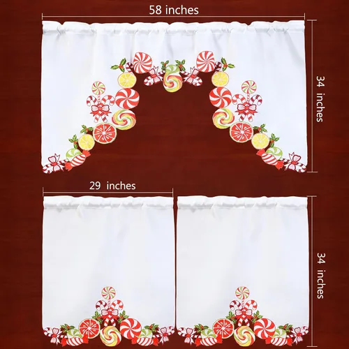 Vista 5 de Juego de cortinas bordadas de bastón de caramelo para ventana de cocina con cenefa y niveles para las fiestas navideñas (Bastón de caramelo)