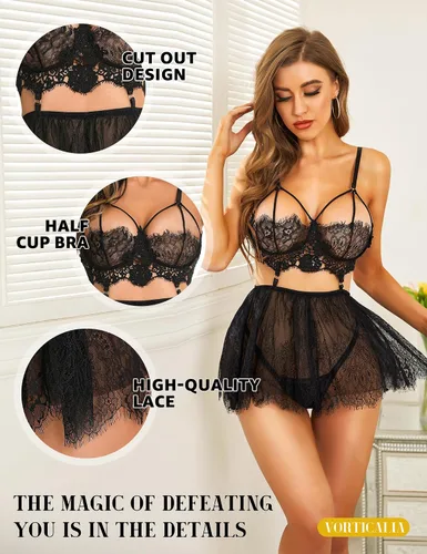 Vista 3 de RSLOVE Lencería para mujer, babydoll de encaje, sexy, de cintura alta, conjunto de ropa de dormir