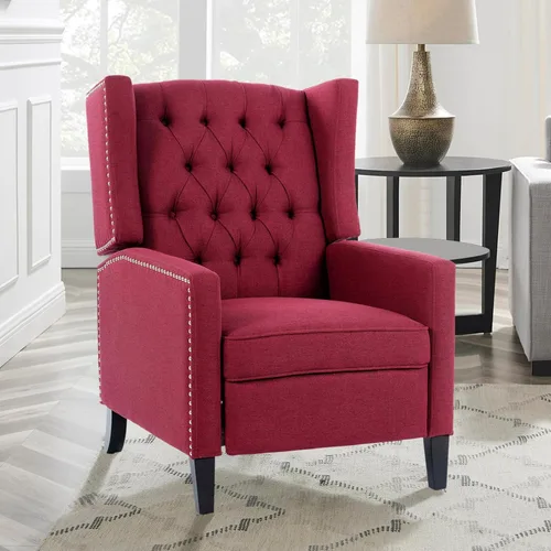 Vista 8 de Silla reclinable manual moderna, sillón informal con patas de madera maciza con decoración de remaches, sofá individual para dormitorio, sala