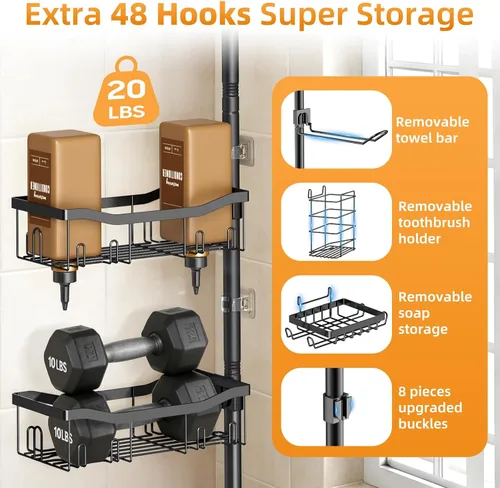 Vista 2 de Estante organizador de ducha con barra de tensión de 6 niveles, estante organizador de baño, soporte ajustable para champú y bañera con toallero, 2