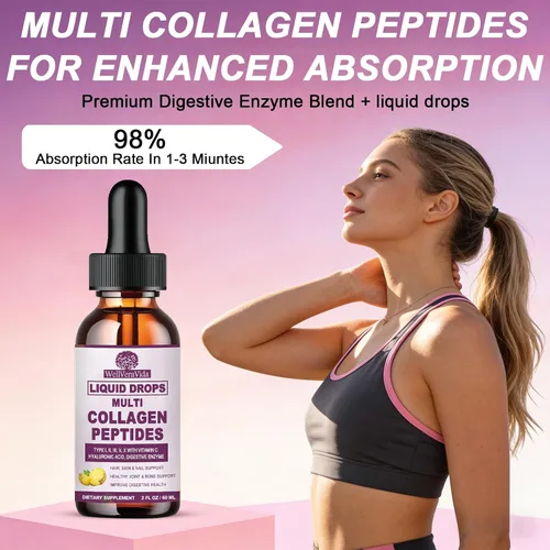 Vista 6 de Gotas líquidas de péptidos de colágeno múltiple, 2 oz – Tipos I, II, III, V, X, Complejo de colágeno hidrolizado para cabello, piel, uñas, huesos