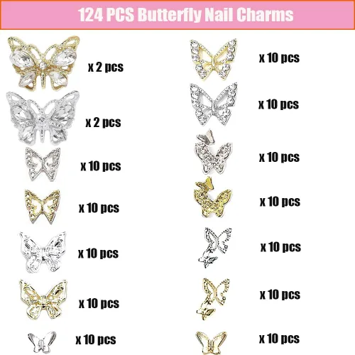 Vista 2 de 124 dijes de mariposa para uñas, oro y plata, dijes de mariposa 3D para diseño de uñas