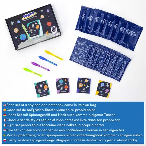 Vista 6 de BONNYCO Paquete de bolígrafo y cuaderno de tinta invisible, 16 recuerdos de fiesta espacial. Recuerdos de fiesta temática espacial para niños
