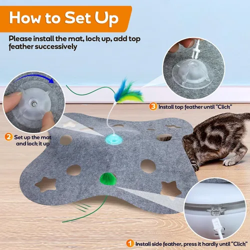 Vista 5 de Giociv Juguetes interactivos para gatos de interior, juguetes de ejercicio giratorio con base de plumas, modo de activación táctil, cubierta