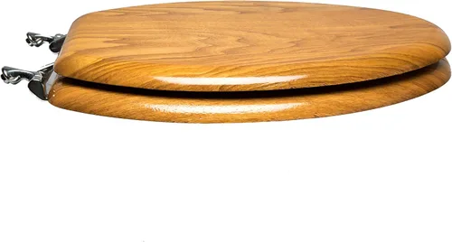 Vista 3 de 5Q1E4-17CH - Asiento de inodoro de madera natural con acabado decorativo, bisagra de poste único de madera y metal, alargado, roble claro con cromo