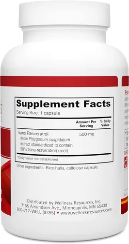 Vista 4 de Wellness Resources Resveratrol Ultra 500 - Alta Potencia 98% Trans-Resveratrol 500mg por cápsula (90 cápsulas) - Suplemento de resveratrol bioactivo