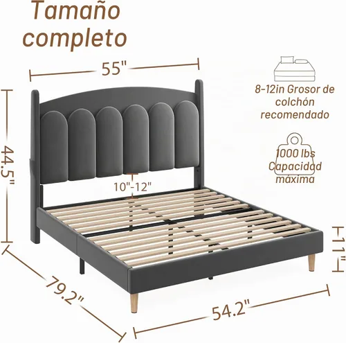 Vista 2 de CypBed Base de cama de tamaño matrimonial con luces LED de cabecero, cama matrimonial tapizada de terciopelo, cama matrimonial con plataforma