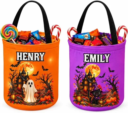 Vista 3 de IZI POD Bolsa LED personalizada de fantasma, bolsa de cubo de luz de Halloween con Nama, cesta de dulces personalizada para niños Diseño 3
