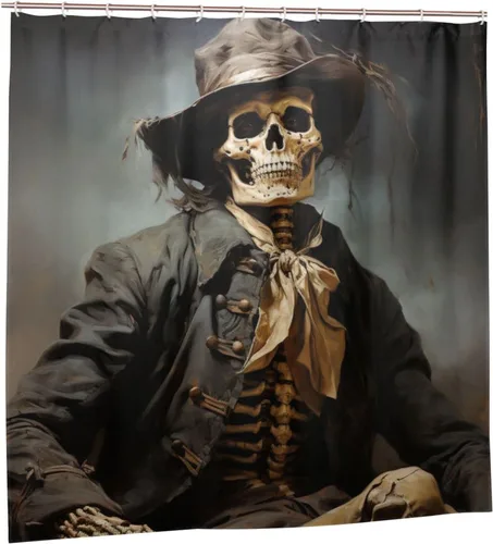 Vista 7 de YLATY3387 - Cortina de ducha de traje negro con calavera para baño, divertido juego de cortina de ducha de esqueleto hippie bohemio, tela de pintura