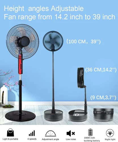 Vista 2 de UN UNITEDTIME Ventilador plegable oscilante plegable con control remoto, ventiladores a batería de 10800 mAh, portátil para exteriores, patio