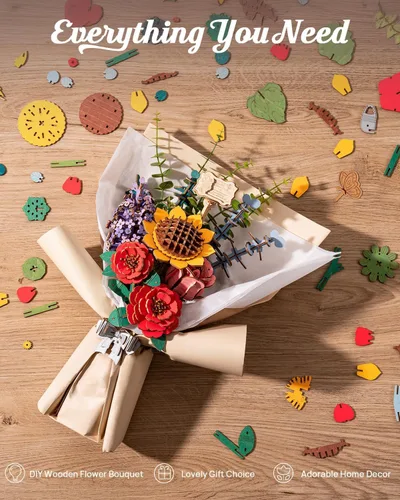 Vista 2 de Rowood Rompecabezas 3D para adultos, juego de construcción de ramo de flores de madera, colección botánica de flores artificiales, día de la madre