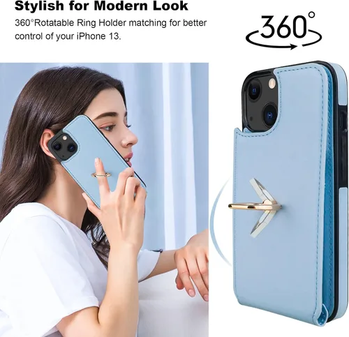 Vista 3 de Folosu Funda Compatible con iPhone 13 Cartera con Soporte para Tarjetas, Soporte de Anillo de Dedo con Rotación de 360° y Función Atril Protectora