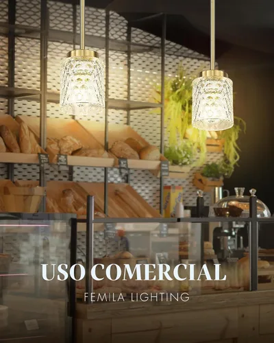 Vista 9 de FEMILA Lámpara Colgante Dorada, Accesorios de Iluminación Colgante de 4", Iluminación para Isla de Cocina, Vidrio Martilleado, Base E26, 4FY86MIL BG