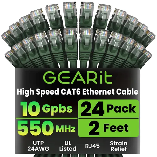 Vista 50 de GEARit Paquete de 24 cables Ethernet Cat6 de 0.5 pies Cable de conexión de red RJ45, conectores chapados en oro sin enganches de 10 Gbps, cable