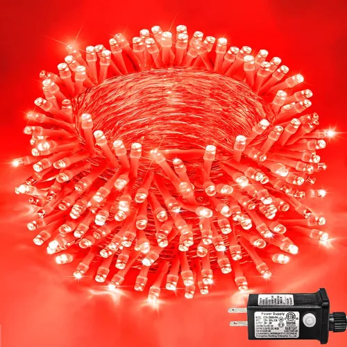 Vista 18 de Guirnalda de 120 luces LED rojas impermeables para exteriores, luces de Navidad rojas de 40 pies, 8 modos, cable transparente, guirnalda de luces