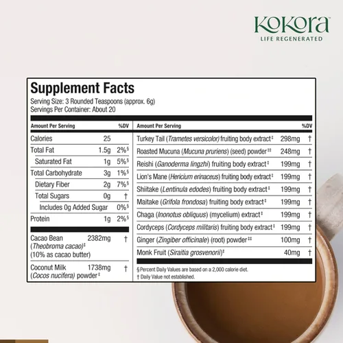 Vista 2 de kokora 7 Mushroom Mocha - Energiza y promueve la claridad mental* - Polvo de hongos adaptogénicos orgánicos con cola de pavo y melena de león