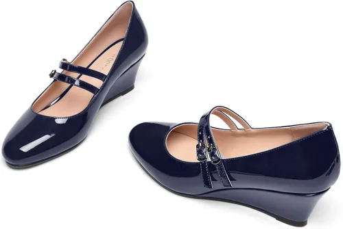 Vista 6 de Zapatos de tacón bajo con hebilla de punta redonda para mujer, con correa ajustable y correa ajustable, 2 pulgadas