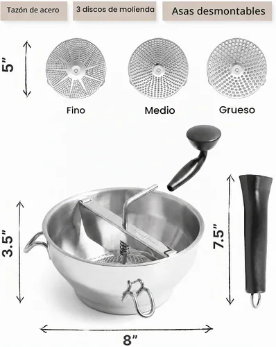 Vista 7 de Molino de alimentos de acero inoxidable con asas desmontables – Molino de manivela para comida de bebé, salsa de tomate y puré de papas – Incluye 3