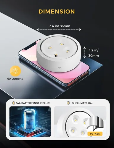 Vista 3 de Luces de empuje con control remoto, 6 piezas de luces LED de disco de hockey alimentadas por batería, iluminación inalámbrica debajo del gabinete