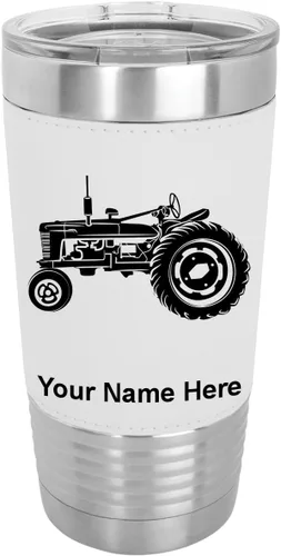 Vista 22 de LaserGram Vaso aislado al vacío de 20 onzas, Old Farm Tractor, grabado personalizado incluido (piel sintética, estilo béisbol) Engraved Gift, Faux